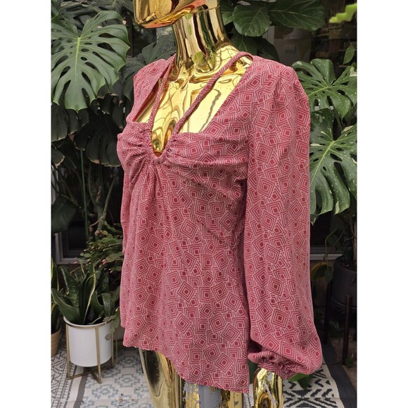 Equipment Arden Puff Sleeve Top Red Geometric Print Silk 6 - Picture 3 of 7